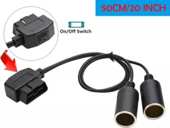 50cm/1.64ft Right Angle OBD2 Male to Cigarette Lighter Dual Female Connector with Switch Vehicle Car Memory Saver Power Supply Cable