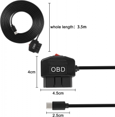 Type C to OBD Power Cable Adapter for Dash Camera Hardwire Charger Cable with Switch Button Connector Charger GPS DVR - 3.5M