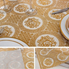 137cm PVC lace crochet table cloth with gold on the rolls