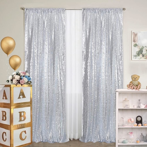 Silver Sequin Backdrop Drapes 2 Panels 2FTx8FT Glitter Backdrop Curtains for Wedding Party Stage Decorations