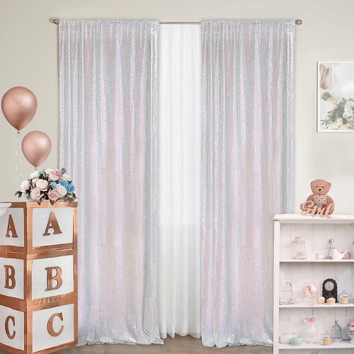 SoarDream 2 Panels 2ftx8ft Sequin Backdrop White Iridescent Backdrop Curtains for Baby Girls Birthday Wedding Ceremony