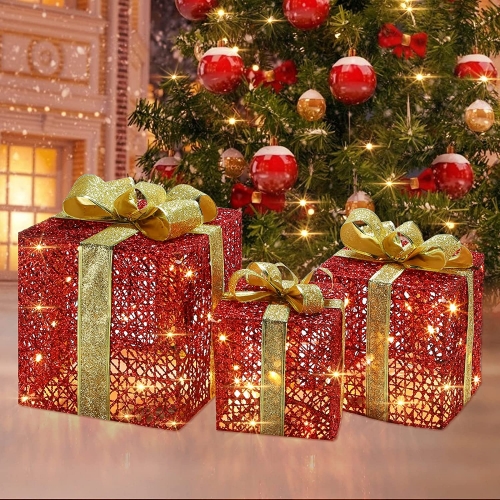SoarDream Christmas Lighted Gift Boxes Decorations, Set of 3 Red Present Ornament Boxes, LED Light String with Gold Bows for Christams Tree, Indoor Ou