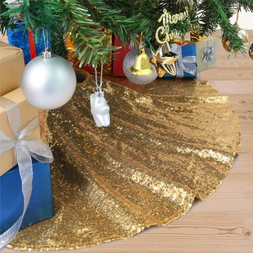 SoarDream 48 Inch Gold Xmas Tree Skirt Christmas Decorations Sequin Tree Skirt Cover New Year Party Indoor Holiday Tree Ornaments