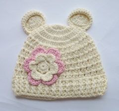 Hand-Knit Bear-Eared Baby Girl Beanie