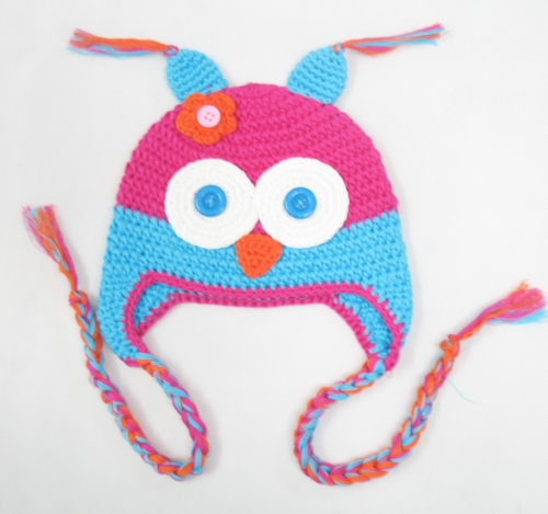 Hand-Knit Baby Girl Floral Owl Trapper Hat