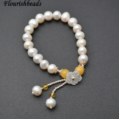 Natural White Pearl / Yellow Amber Beasds Shell Flower Charm Bracelet Fashion Woman Jewelry