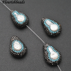 Natural White Pearl Drop Shape Loose Beads Paved Black Crystal Jewelry