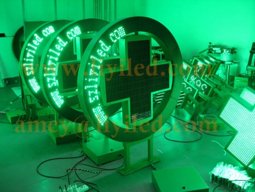 New round led pharmacy cross sign outdoor circle drugstore cross sign two sides asynchronous