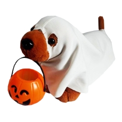 ANIMATED SINGING GHOST DRESSED DOG, WITH KNODDING HEAD AND WAGGING TAIL