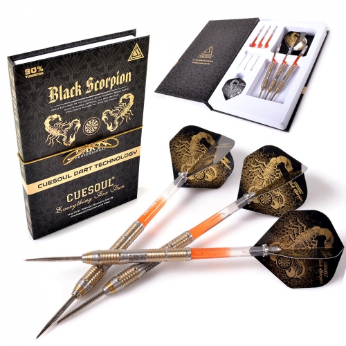 CUESOUL BLACK SCORPION 22g/24g/26g Tungsten Steel Tip Dart Set,Barrel with Golden Titanium Coated Finished