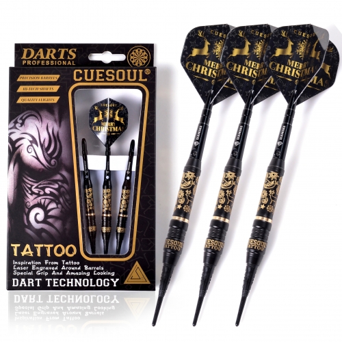 CUESOUL TATTOO 17g Black Coated Brass Soft Tip Darts,with Unique Barrel Engraved
