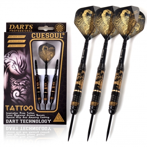 CUESOUL TATTOO 23g Black Coated Brass Steel Tip Darts,with Unique Barrel Engraved