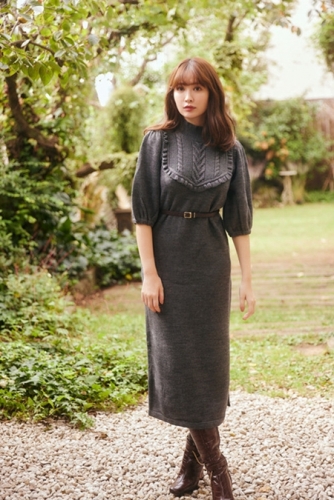Belted Ruffle Cable-Knit Dress
