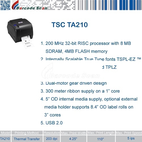 TSC TA210シリーズ熱転写デスクトップラベルプリンタ
