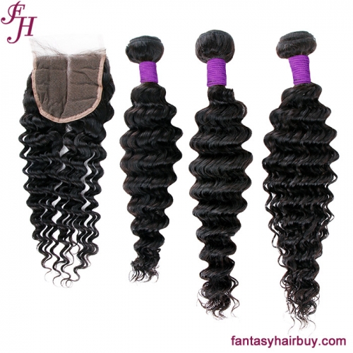 FH deep wave natural color hair weave 3 brazilian hair bundles with 4x4 lace closure deep wave