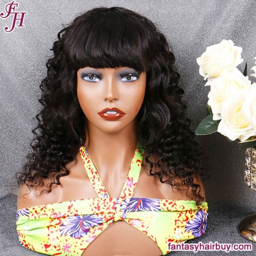 FH Machine Made Deep Wave Human Hair Wig With Bang