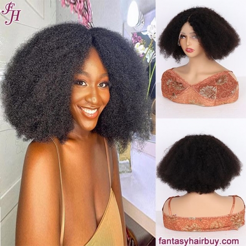 FH hair vendor afro kinky curly T parting lace short bob human hair wig