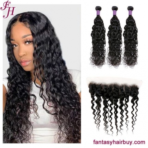 FH best seller water wave brazilian virgin hair bundles with 13x4 frontal
