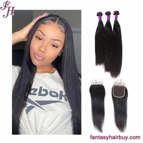 FH brazilian virgin human hair straight 3 bundles with 4x4 lace closure