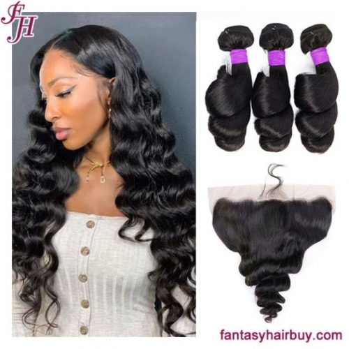 FH factory price brazilian virgin loose wave hair weave bundle with 13x4 frontal