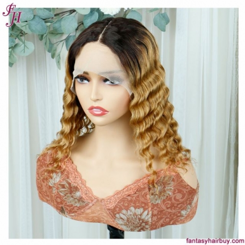 FH short curly ombre color deep wave 13x1x6 tranparent lace straight human hair bob wig