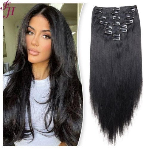 FH 8pcs one set jet black virgin remy human hair clip in hair extension