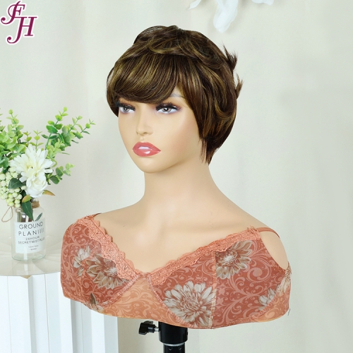 FH high quality natural human hair color #4/30 machine made wig non lace pixie wig