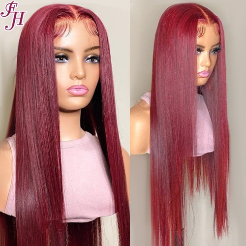 FH factory high quality Straight human hair wig color #99J transparent lace frontal wig