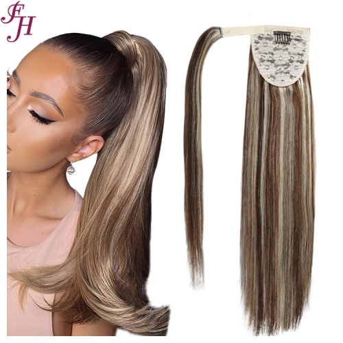 FH high quality natural human hair straight style color #P4/613 easy velcro ponytail extension 7-10days to prepare