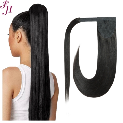 FH high quality natural human hair straight style color #1B easy velcro ponytail extension 7-10days to prepare