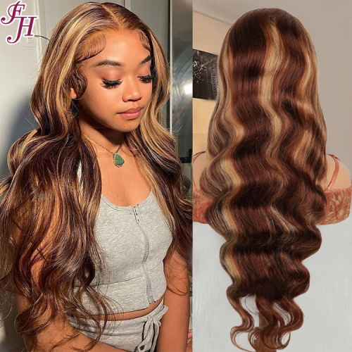 FH factory high quality body wave human hair wig highlight color #4/27 transparent lace frontal wig