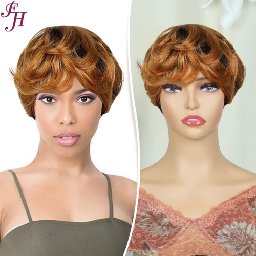 FH high quality natural human hair color #1BT30 machine made wig non lace pixie wig