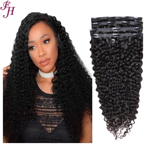 FH wholesale double drawn 100% real natural human hair deep curly seamless clip ins hair extension