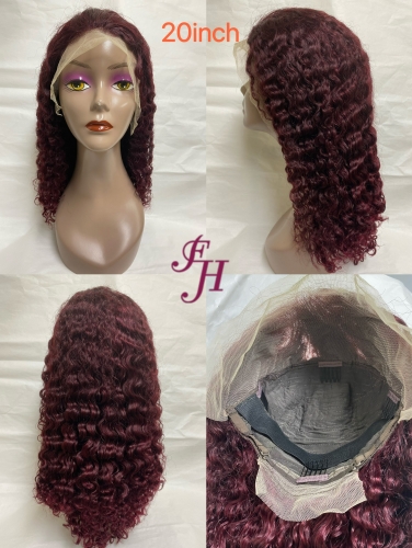 FH wholesale new fangle full thick 100% real human hair transparent lace wig color #99J curl lace front wig