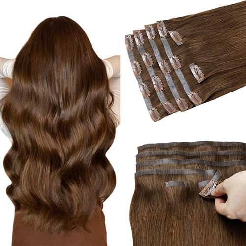 FH wholesale high quality double drawn 100% human hair color #4 PU seamless clip ins hair extensions