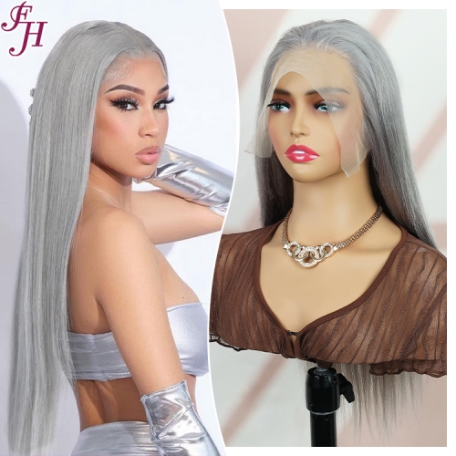 FH factory whoelsale fashionable 100% real human hair transparent lace wig Light grey color straight lace wig