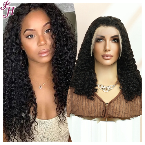 FH direct wholesale good volume 100% real human hair color #1B transparent tight curly lace front wig