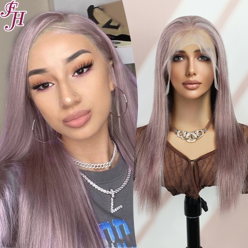 FH factory whoelsale fashionable 100% real human hair transparent lace purple grey color straight lace frontal wig