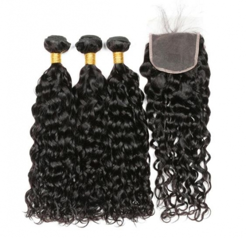 FH water wave natural color hair weave 3 brazilian hair bundles with 4x4 lace closure water wave