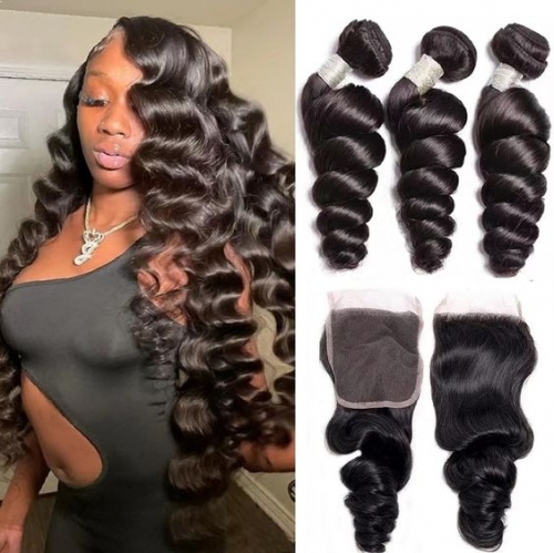 FH loose wave natural color hair weave 3 brazilian hair bundles with 4x4 lace closure loose wave