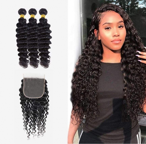 FH Virgin unprocessed brazilian hair weave loose deep wave 3 hair bundles with 5x5 lace closure