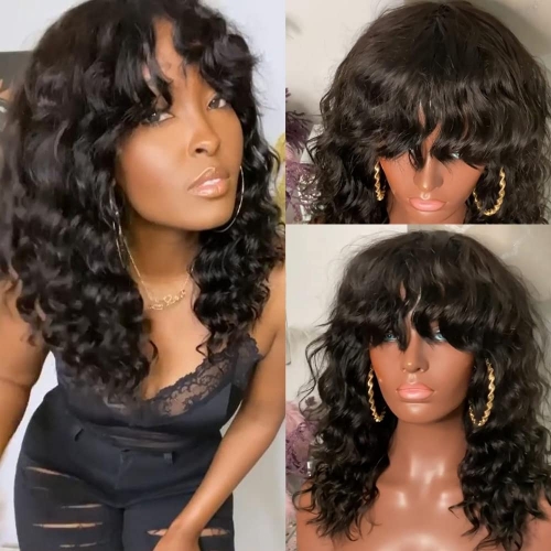 FH fringe bang wig Machine Made Loose Deep Wave Human Hair Wig With Bangs