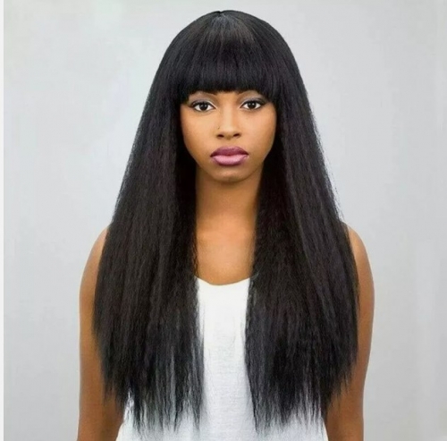FH HAIR Quality without Lace tight Kinky Straight Human Hair Wig With Bangs
