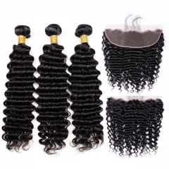 【13A 3PCS+Frontal】 Peruvian Deep Wave Human Hair 3pcs and 1pc Lace Frontal Closure Deal Peruvian Hair Extensions Free Shipping