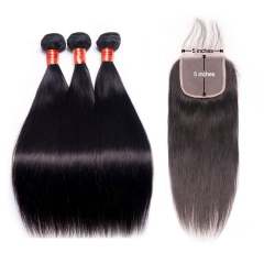 【12a 3pcs+5*5 HD Lace】Ulahiar Straight Human Hair Bundles With Closure|3pcs And 5x5 HD Lace Closure