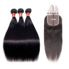 【12a 3pcs+5*5 HD Lace】Ulahiar Straight Human Hair Bundles With Closure|3pcs And 5x5 HD Lace Closure Free Shipping