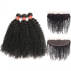 【12a 3pcs+13*4 Frontal】 Brazilian Kinky Curly Bundles With Closure 3bundles And 13*4 Lace Front Closure