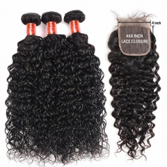 【12a 3pcs+ 4*4 HD Lace】Ulahair Brazilian Hair Sew Ins With Closures|3 Bundles And 4x4 Lace Closure With Water Wave