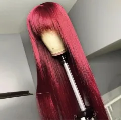 【New Arrival】13A Burgundy Color 250% Density 99j Full Machine Made Wig 30inch Long Straight Wig With Bangs Virgin Human Hair Customize For 3 Days!