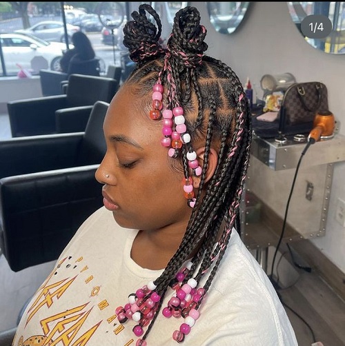Space buns knotless braids with beads
